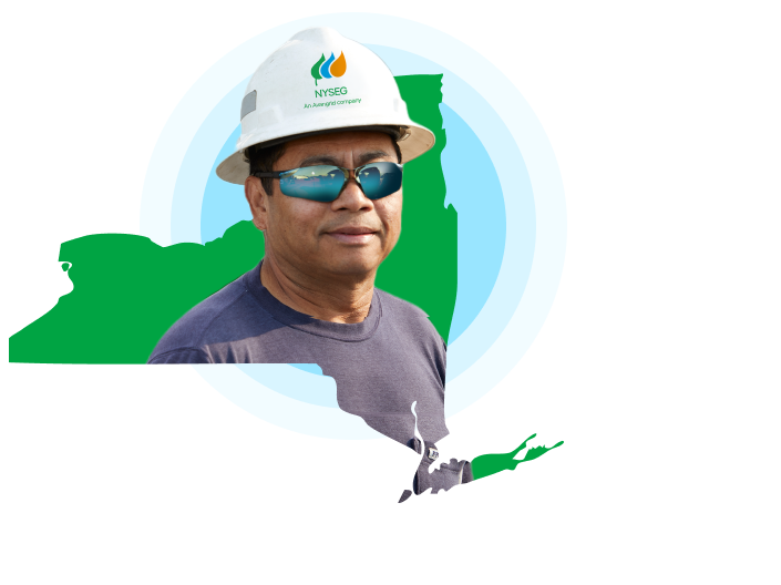 Image of a NYSEG lineworker in front of the outline of NY state